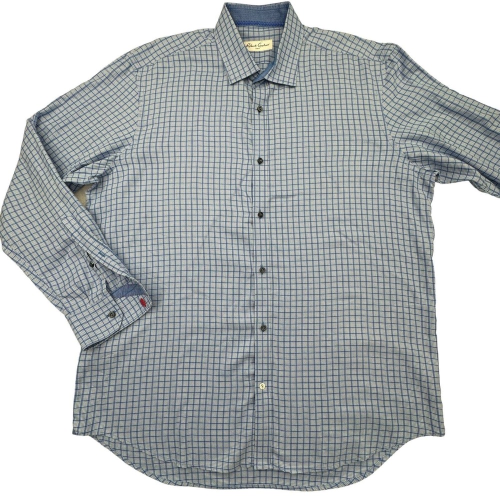 Robert Graham Shirt Men 17.5 EUR 44 Blue Plaid Check Long Sleeve Button Down